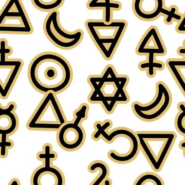 Sihirli, ezoterik, runik sembollü kusursuz desen. Kutsal geometri. Esrarengiz antik semboller. Vektör arkaplanı.