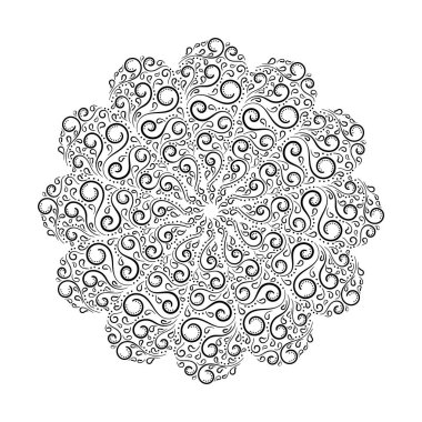 Mandala deseni. Bukleli mandala, soyut yuvarlak süs. El çizimi çizimi. Beyaz arkaplanda yuvarlak desen,