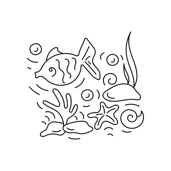 Salin spasi untuk teks. Di bawah air. Motif vektor laut. Doodle dari dunia bawah air, laut, laut, sungai. Monokrom. Akuarium - Stok Vektor