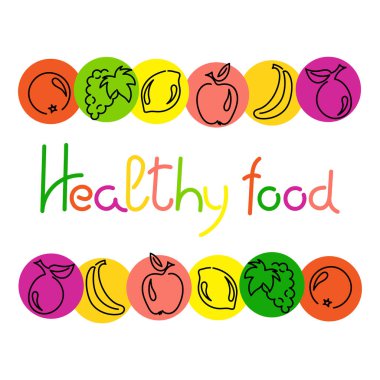 Sağlıklı yiyecekler, elle çizilmiş metinler. Meyve, elma, armut, muz ve daha fazla Vektör bileşenleri