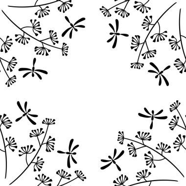 Çiçek çerçevesi. Bitkiler, kelebekler, süsler. Elle çizilmiş illüstrasyon. Beyaz arkaplanda botanik desen.