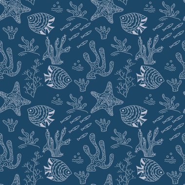 Deniz tabanı, sualtı dünyası. El çizimi kusursuz vektör çizimi. Mavi arka planda balık ve yosun.