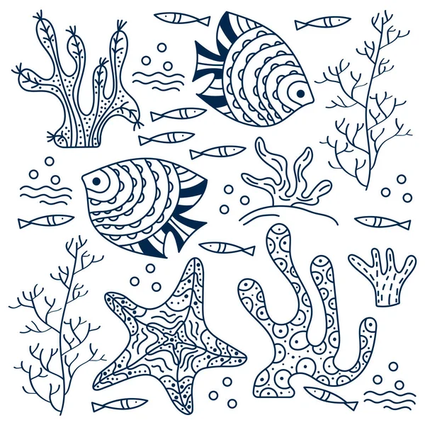 Havsbotten, undervattensvärlden. Fisk och alger på en vit bakgrund. Handritningsvektor ritning. Kontur ritning för omslaget, affisch eller bok målarsidor — Stock vektor