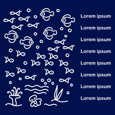 Vektör kusursuz desen. Tatlı tatlı balık, deniz yosunu ve inci kabuklu kabuk. Taslak tarzı. Menüler, fiyat listeleri, davetiyeler, poster ve daha fazlası için kullanılabilir. Metin için alanı kopyala