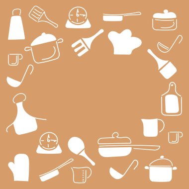 Mutfak aksesuarları ve çatal bıçaklarla yemek kalıbı hazırlıyorum. Doodle tarzı, el yapımı çatal bıçak takımı. Mesaj için yer var. Vektör illüstrasyonu