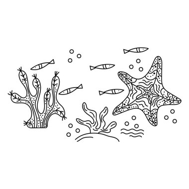 Deniz tabanı, sualtı dünyası. Balık, yosun, beyaz arka planda deniz yıldızı. El çizimi vektör çizimi. Kapak, poster ya da boyama kitabı için taslak çizimi,