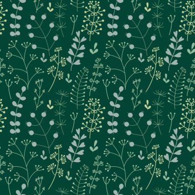 Bitki dallarıyla kusursuz desen. Elle çizilmiş otlar ve yapraklarla güzel bir baskı. Yeşil tonlarda botanik desen tasarımı. Vektör illüstrasyonu.