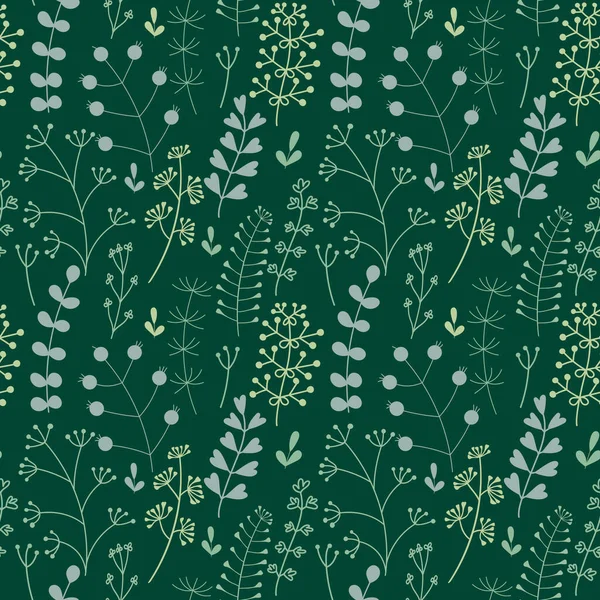 无缝图案 植物分枝 漂亮的印刷品 手绘抽象草药和叶子 绿色阴影下的图案植物学设计 矢量说明 — 图库矢量图片