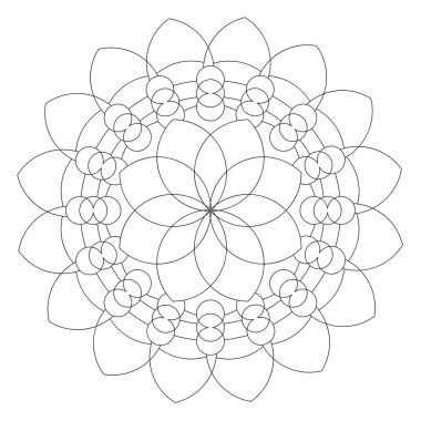 Mandala deseni. Ortasında hayat çiçeği olan taç yapraklı mandala, soyut yuvarlak süs. Yetişkinler ve çocuklar için boyama sayfaları. Beyaz arkaplanda yuvarlak desen