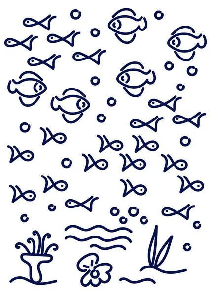 Векторный Бесшовный Шаблон Doodle Cute Рыбы Водоросли Скорлупа Жемчугом Стиль — стоковый вектор