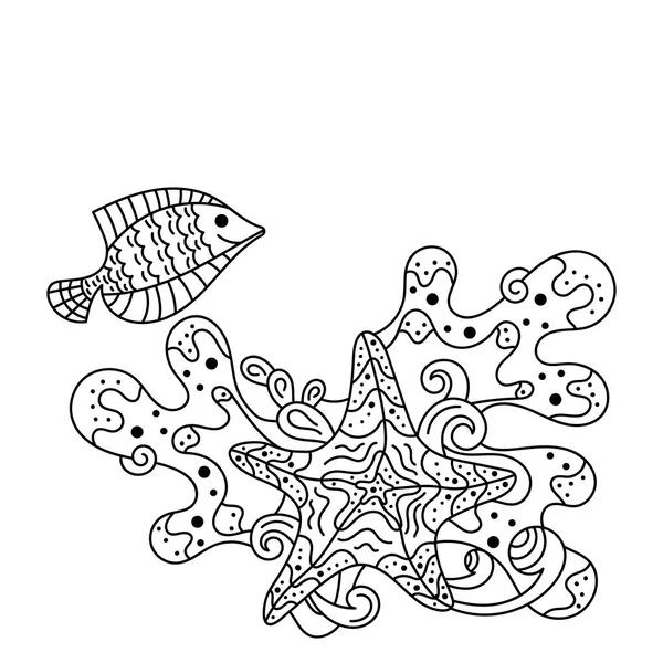 Vie Sous Marine Mer Dans Style Doodle Poissons Tropicaux Étoiles — Image vectorielle