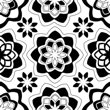 Mandala 'da kusursuz bir düzen var. Klasik dekoratif elementler. Doğu tarzı, etnik ve kabile mandala. Siyah ve beyaz. Süslü bukleler. El çizimi vektör illüstrasyonu.