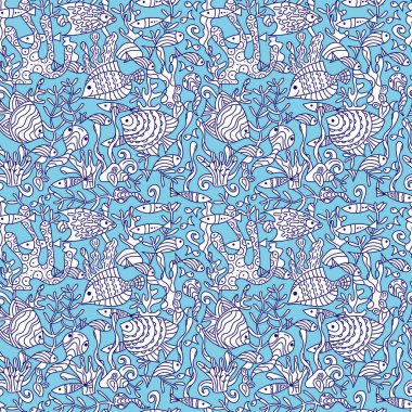 Deniz yaşamı el çizimi kusursuz desen çizdi. Denizci vektör motifi. Su altı dünyası, okyanus, nehir, akvaryum. Kumaş, duvar kağıdı ve diğer yüzeyler için