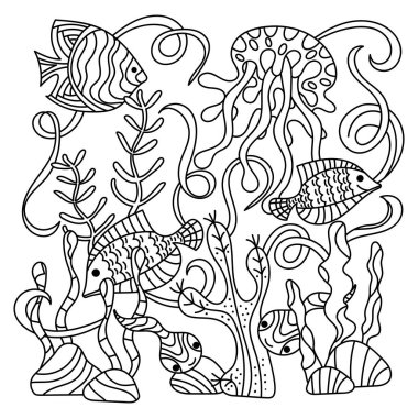 Su altı yaşamı, Doodle tarzı deniz. Tropikal balık ve denizanası. Yetişkinler ve çocuklar için stres önleyici boyama kitapları sayfası. Vektör illüstrasyonu,
