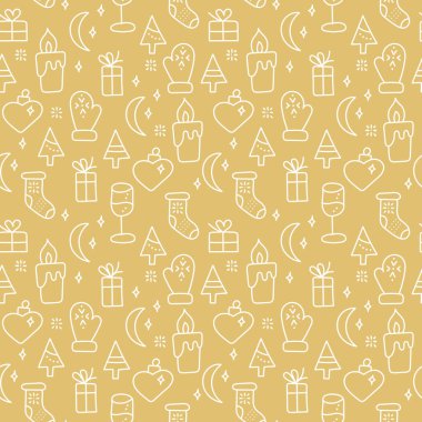 Yeni yıl ya da Noel temalı el yapımı kusursuz desenler. Altın bir arka planda White Doodle elementleri. Mum, eldiven, bir bardak şampanya ve daha fazlası. Hediye paketleme ve diğer yüzeyler için arkaplan