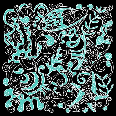 Su altı yaşamı. Siyah arkaplana elle çizilmiş karalamalar.