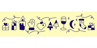 Yeni yıl ya da Noel Eli karalama pankartı. Bir mum, eldivenler, bir kadeh şampanya ve daha fazlası..