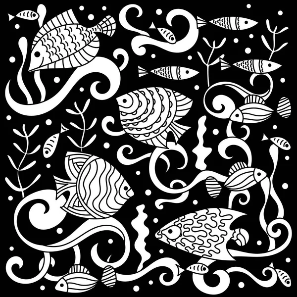 La vie marine dessinée à la main motif doodle. Monde sous-marin, vagues, coquilles, poissons et algues. Pour tissu, Papier peint et autres surfaces — Image vectorielle