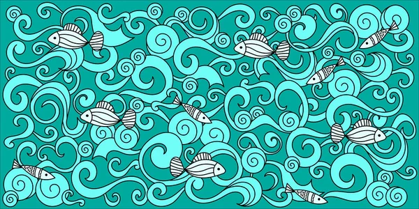 Oceánské vlny a rybí hranice. Vektorová ilustrace s mořskými vlnami. Ručně kreslený nápis — Stockový vektor