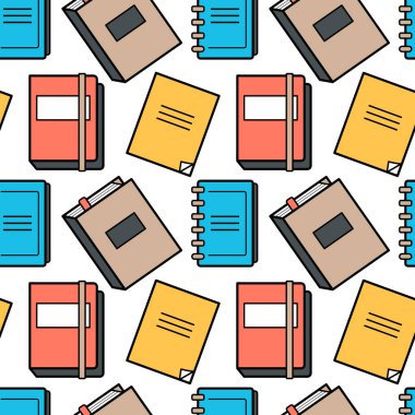 Notepad, defterler, günlükler ve eskiz defterleri beyaz bir arkaplanda kusursuz desen. renkli düz vektör çizimi