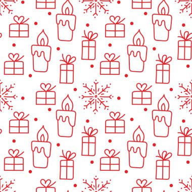 Kış tatili Elle çizilmiş kar taneleri, hediyeler ve mumlarla kusursuz bir arka plan. Noel, yeni yıl. Vektör deseni