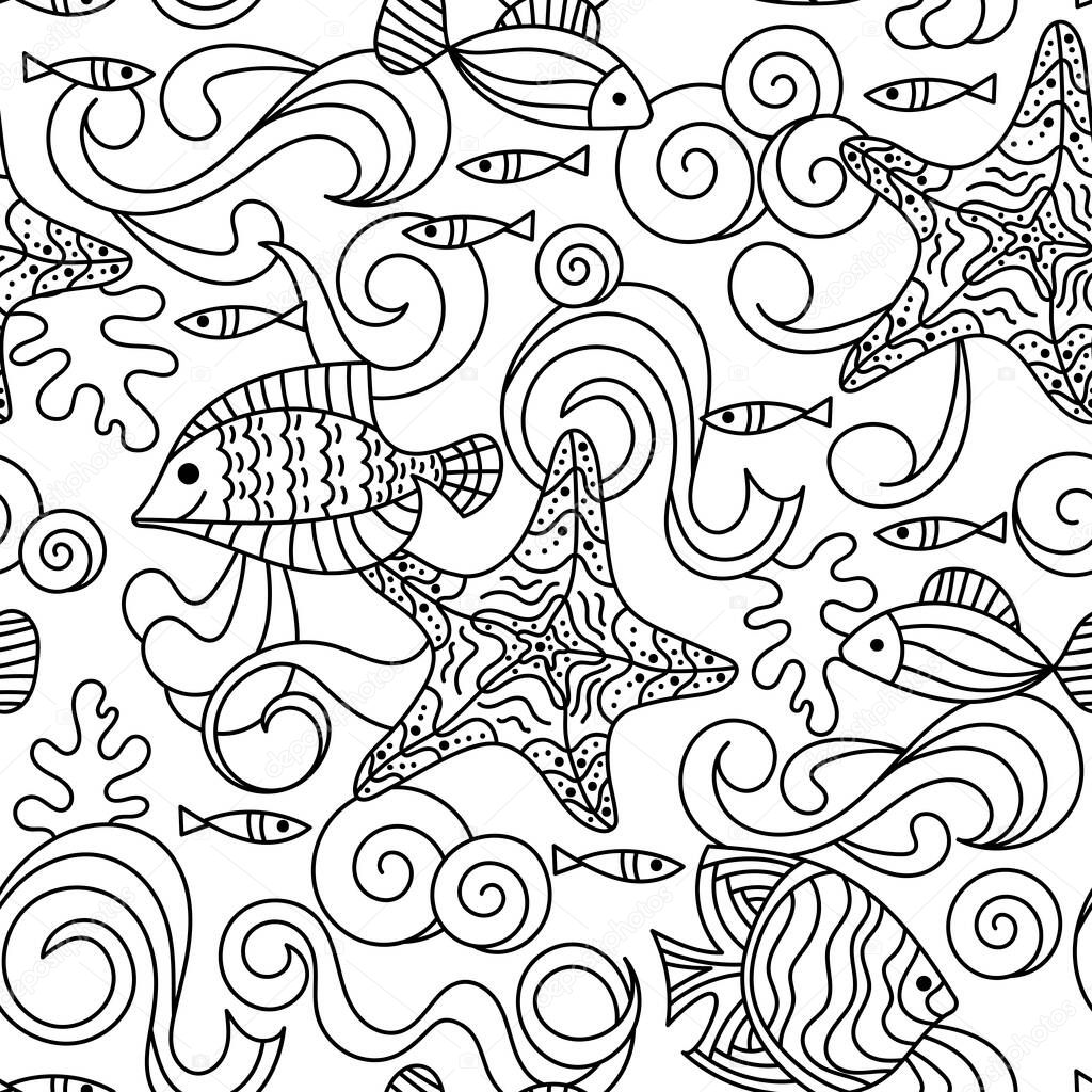 Sea life hand drawn doodle Seamless pattern . Marine vector motif . Underwater world, waves, shells, fish and algae. For fabric, Wallpaper and other surfaces