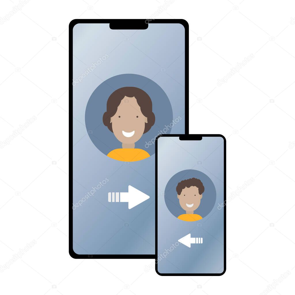 Mobile devices, communication, interaction. Phone numbers of mother and child, family tariff, parental control. Flat vector illustration