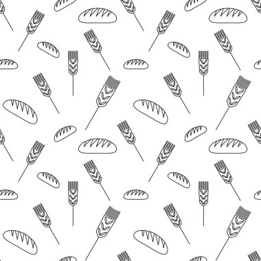 Pişirmenin kusursuz arka planı. Ekmek ve kulakların deseni. Paketleme fırını ürünleri için şablon tasarımı, fırın, kafe, fırın ile ilişkili işletmeler. Vektör illüstrasyonu