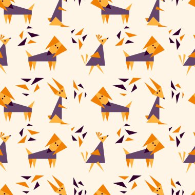 Çocukların kusursuz desenleri, köpek, tavşan ve kuş. Kumaş, duvar kağıdı ve diğer yüzeyler için eğlenceli geometrik arka plan. Vektör illüstrasyonu