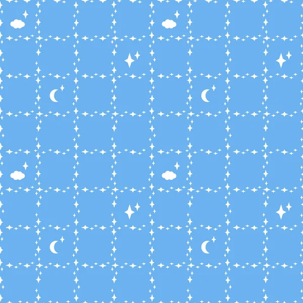 Seamless Pattern Stars Different Sizes Clouds Moon Square Cell White — Stock Vector