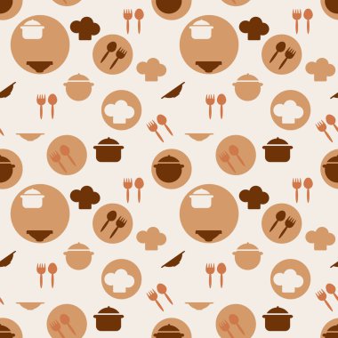 Kusursuz mutfak aletleri, tencere, tabak, çatal, kaşık deseni. Çatal bıçak takımı için arka plan çizilmiş. Düz yazdırma biçimi .
