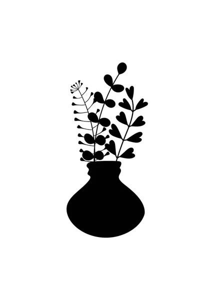 花瓶里有一堆草药简单的小枝 植物的轮廓 陶瓷罐 矢量手绘黑色和白色 你设计的构图 — 图库矢量图片