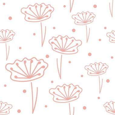 Çiçekli ve benekli desensiz çiçek deseni. Beyaz arka planda elle çizilmiş pembe bitkiler. Kumaş ve diğer yüzey için basit bir tasarım. Özet Vektör illüstrasyonu.