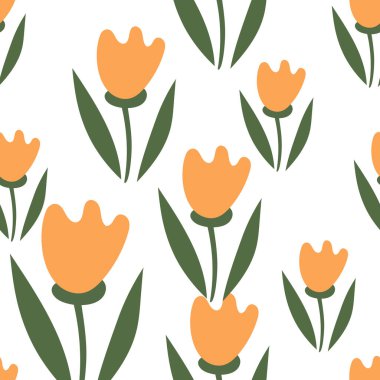 Çiçekler, laleler, beyaz arka planda pürüzsüz desenler. Düz dizayn, vektör arkaplan.