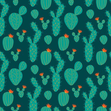 Çiçekli kaktüslerin ve sulu suların kusursuz deseni. Yeşil arka planda şirin Doodle tarzı el yapımı bitkiler. Vektör illüstrasyonu,