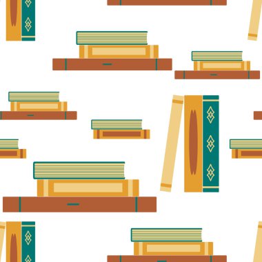 Kitaplar yığınlar halinde durur ve yatar. Kusursuz desen. Düz tasarım, vektör iç çizim. Kütüphane, kitapçı ya da ikinci el kitapçı için arka plan.