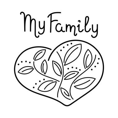 Ailemi sev. Kalbinde çizilmiş bir ağaç. El çizimi vektör illüstrasyonu.