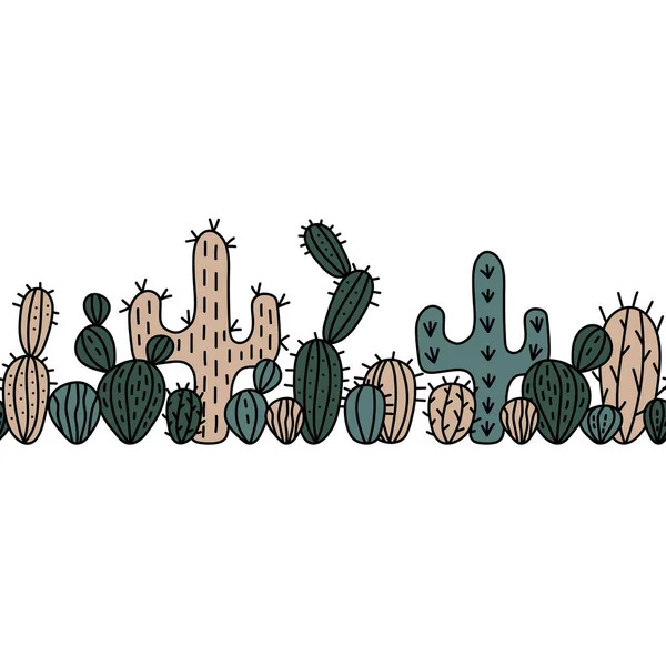 Kézzel rajzolt, varrat nélküli kaktuszhatár. Vektor Kaktusz háttér papír, kártya, plakátok. — Stock Vector