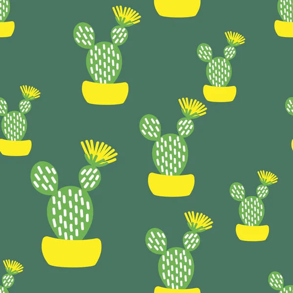 Patrón sin costura vectorial con cactus florales dibujados a mano en las macetas amarillas. — Archivo Imágenes Vectoriales