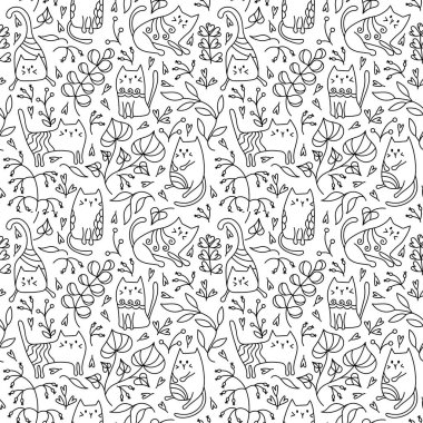 Yaprakları pürüzsüz olan sevimli kedi yavruları ve dallar. Kumaş, kağıt ve diğer yüzeyler için el çizimi arka plan. Siyah ve beyaz