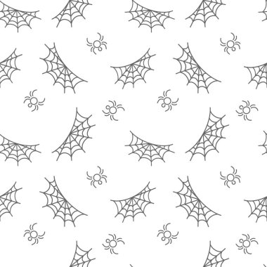 Sevimli örümcekler ve ağlar, kusursuz desenler. Cadılar Bayramı. Kumaş, ambalaj kağıdı ve daha fazlası için vektör arkaplanı.