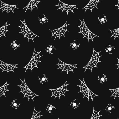 Sevimli örümcekler ve ağlar, kusursuz desenler. Cadılar Bayramı. Kumaş, ambalaj kağıdı ve daha fazlası için vektör arkaplan. Siyah ve beyaz