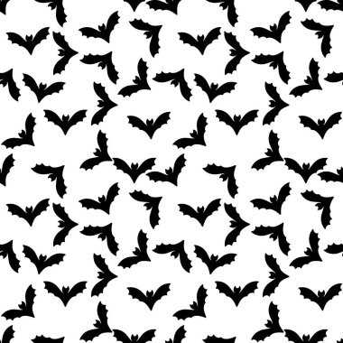 Yarasa Kusursuz Şablon. Beyaz karikatür siyah yarasalar. Cadılar Bayramı.