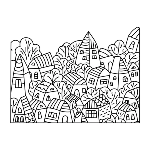 Милі Мультяшні Будинки Рука Намальована Розмальовка Дітей Дорослих Чорно Біла — стоковий вектор