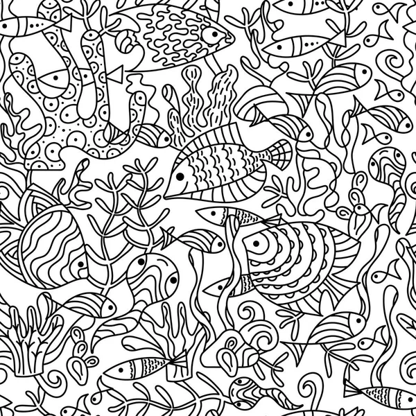 Seamless Pattern Water Marine Monochrome Vector Motif Doodle Underwater World — Stock Vector