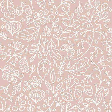 Sonbahar mevsimi için böğürtlen, meşe palamudu, meşe yaprağı ve dal içeren tek renkli pastel dikişsiz desen. Kumaş ve diğer yüzeyler için zarif Doodle çizimi. El çizimi vektör