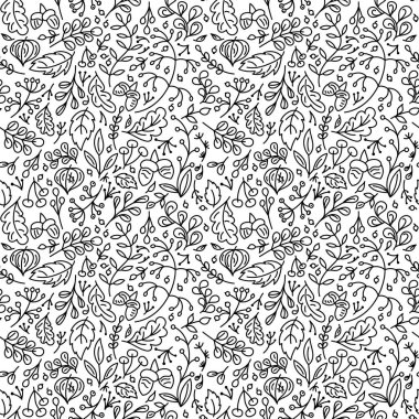 Sonbahar mevsimi için böğürtlenli, dallı ve yapraklı siyah ve beyaz desenli. Kumaş ve diğer yüzeyler için zarif Doodle çizimi. El çizimi vektör