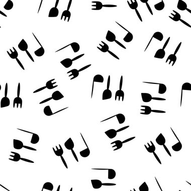 Mutfak aletleri, kepçeler, çatallar için kusursuz desen. Yemek yapmak, yemek yemek. Mutfak kumaşı, tekstil tasarımı, duvar kağıdı ve diğer yüzeyler için el yapımı arka plan. Düz stil, siyah beyaz