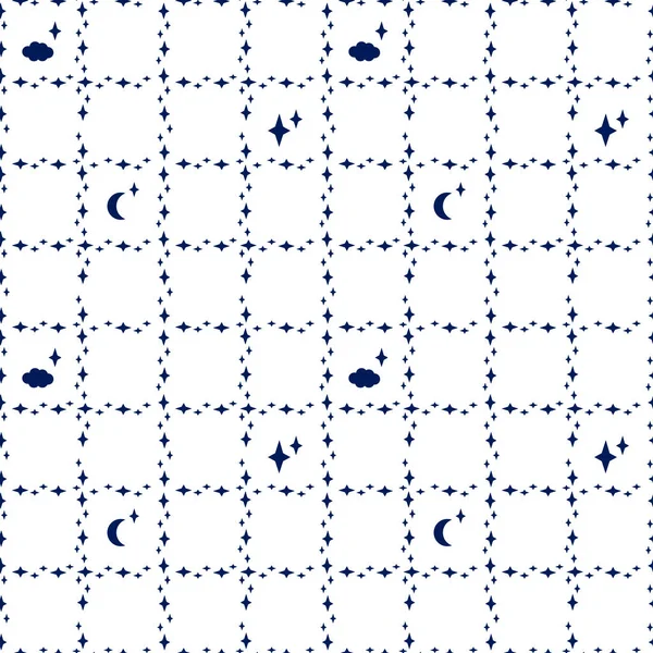 Μονόχρωμο Μοτίβο Χωρίς Ραφή Αστέρια Διαφορετικών Μεγεθών Σύννεφα Φεγγάρι Τετράγωνο — Διανυσματικό Αρχείο