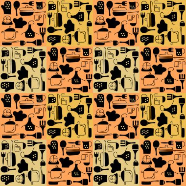 Mutfak aletleri, yemek pişirme kalıpları. Kumaş, arkaplan, menü tasarımı, ambalaj için şablon. Doodle tarzı, elle çizilmiş çatal bıçak takımı, bulaşık vektörü illüstrasyonu